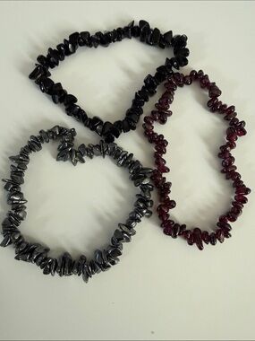 Vintage Chip Bead Stretch Bracelet Trio - onyx , Hematite, & garnet